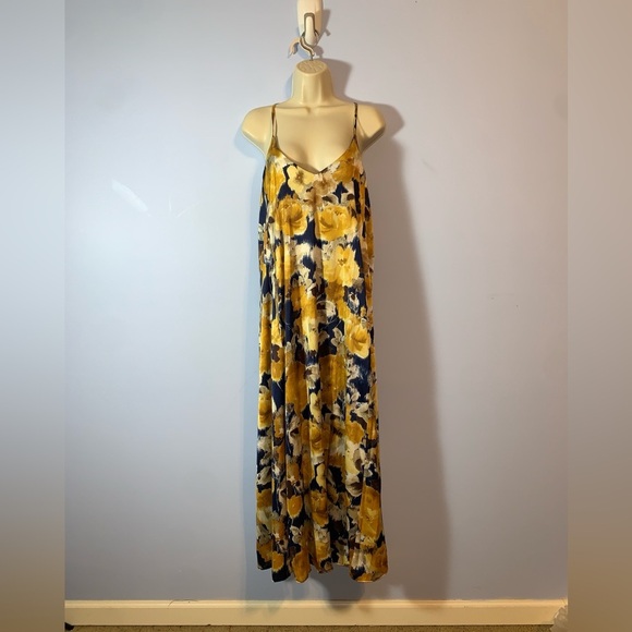 Nicole miller Floral racer back Maxi Dress Medium Yellow Blue flowy Beachy satin - Picture 1 of 5